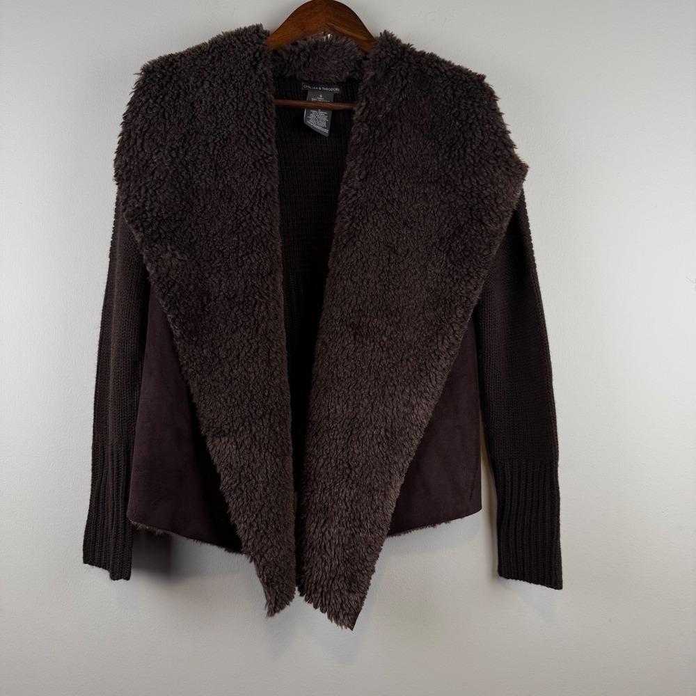 Women Suede Faux Fur Collar Draped Cardigan Small Knit Cabin Rustic Cozy Earthy